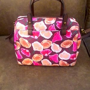 Fossil Floral Satchel in Brown with Pink and Orange Blooms